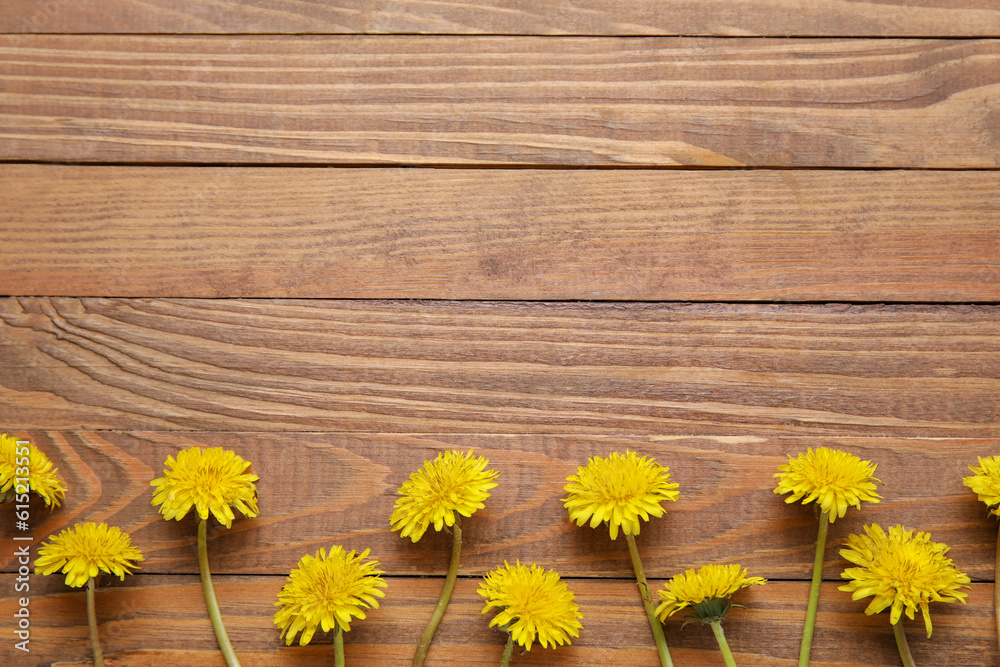 Bright yellow dandelions on wooden background