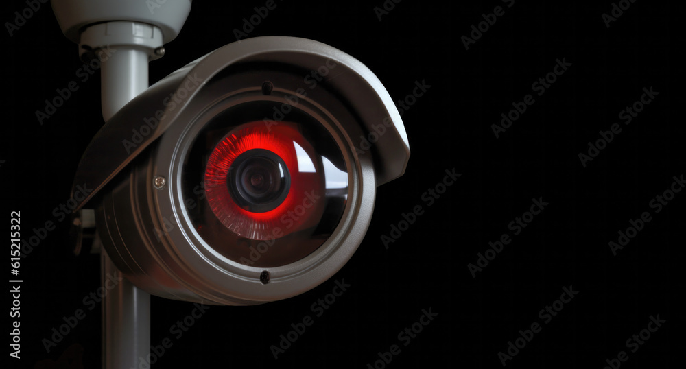 High-tech security camera lens close up isolated on  black background. Generative AI illustration