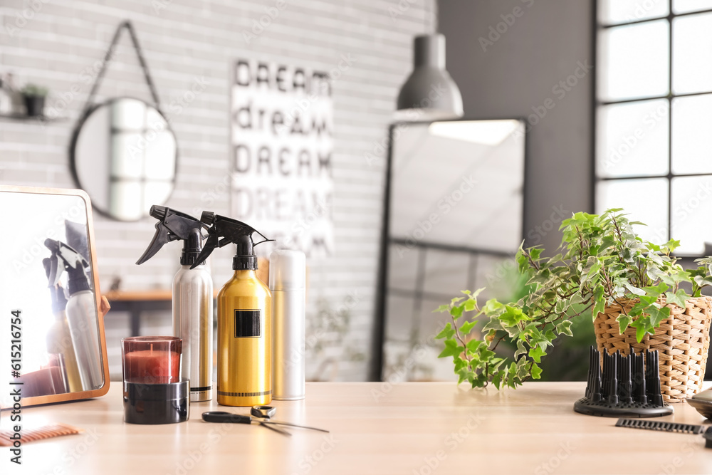 Hairdressing tools on table in beauty salon