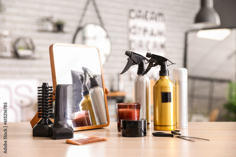 Hairdressing tools on table in beauty salon