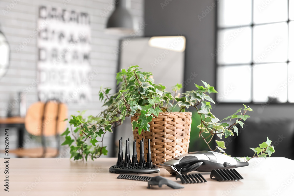 Trimmer with attachments on table in beauty salon