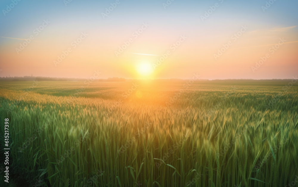 Bright morning sun rising over horizon shining over a field of growing green wheat. Realistic genera