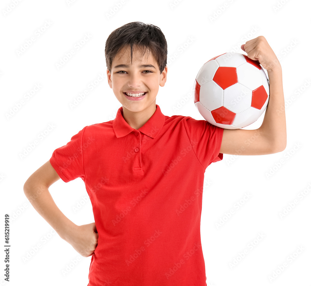 Little boy with soccer ball on white background