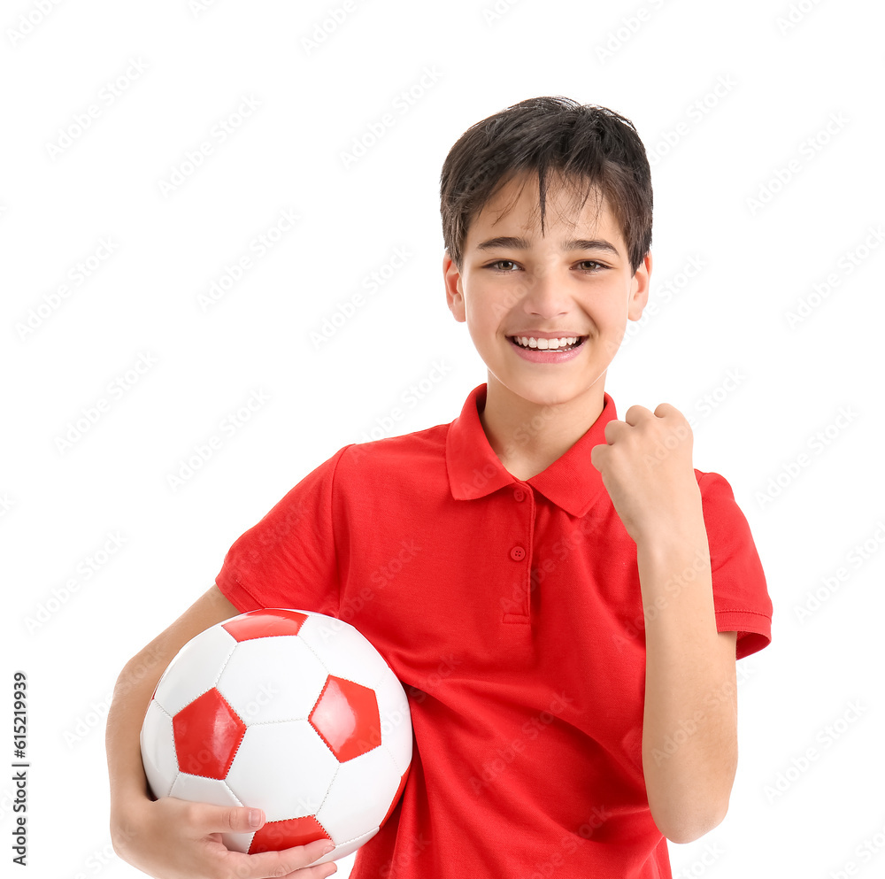 Happy little boy with soccer  ball on white background