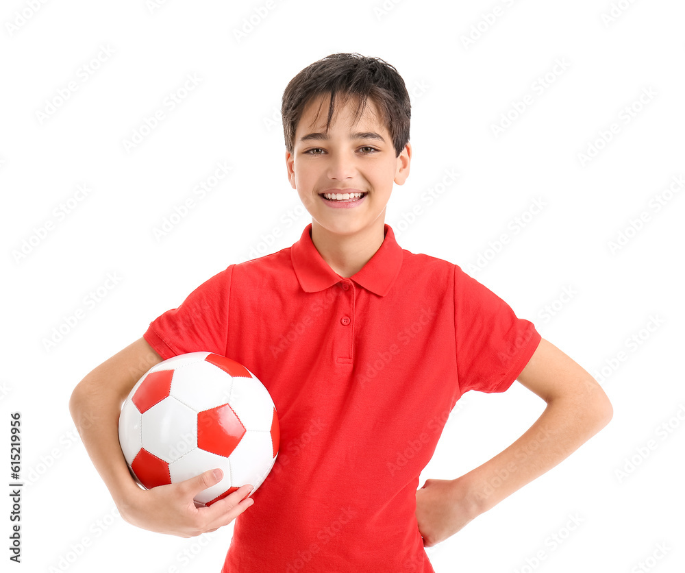 Little boy with soccer ball on white background