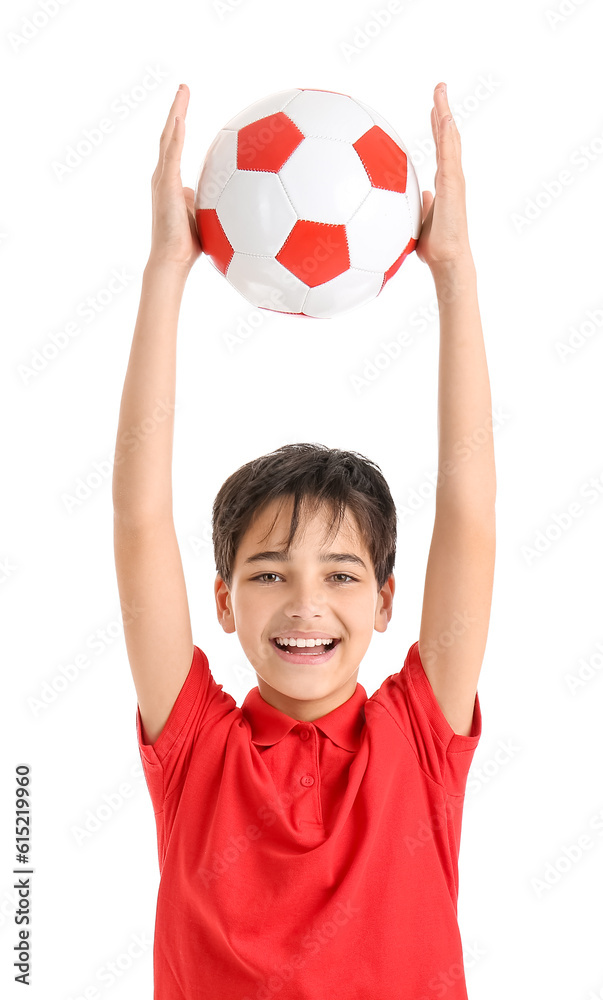 Little boy with soccer ball on white background