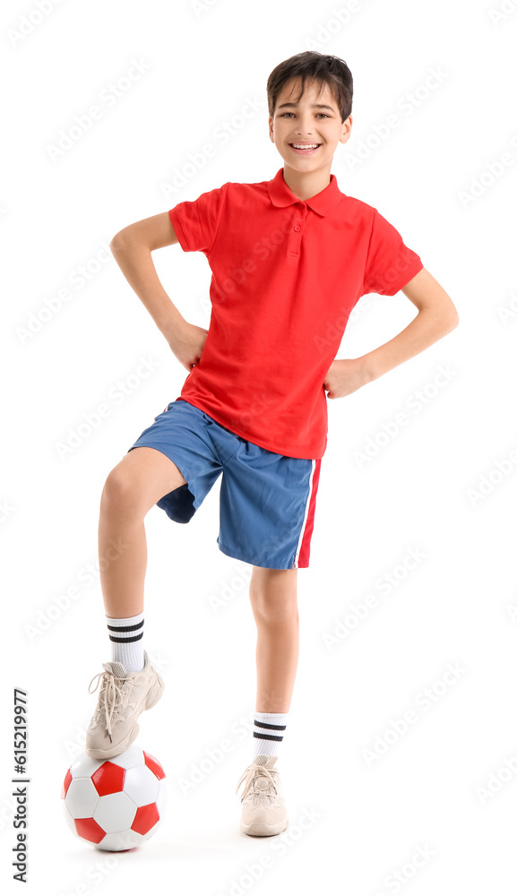 Little boy with soccer ball on white background