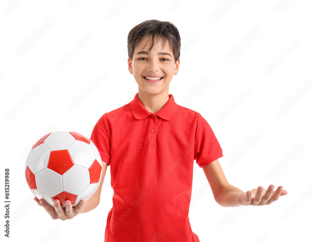 Little boy with soccer ball on white background