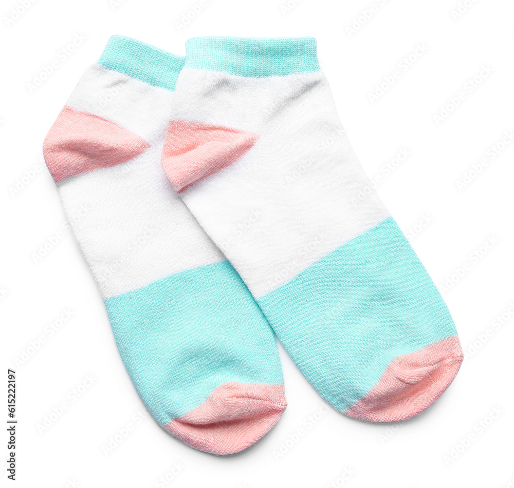 Pair of colorful cotton socks on white background