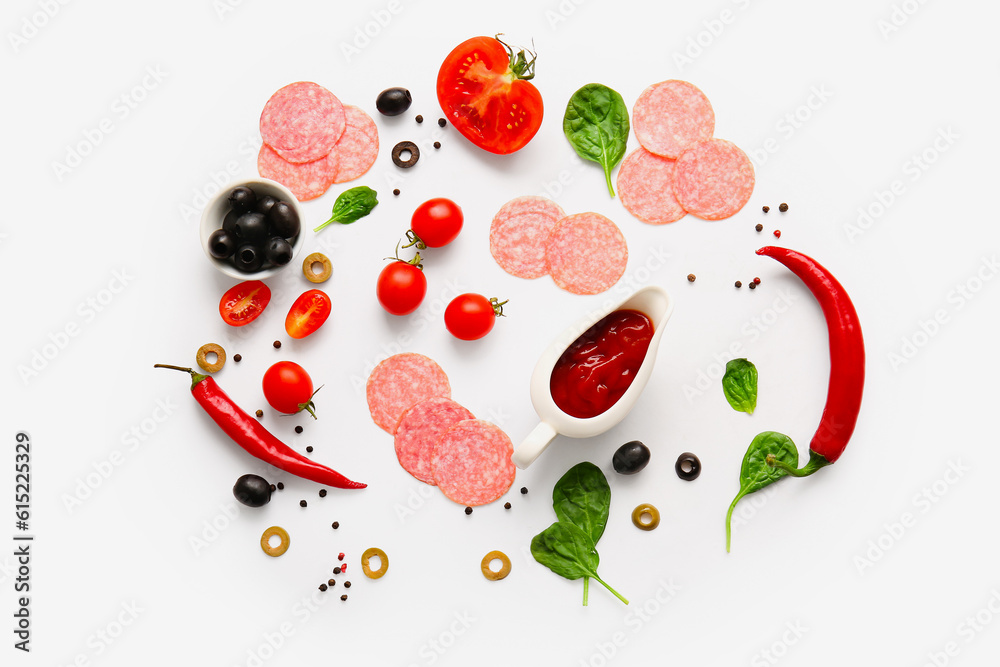 Fresh ingredients for preparing pizza on white background