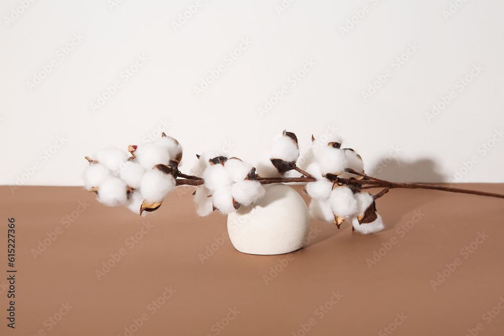 Cotton twig and round stand on brown table near white wall