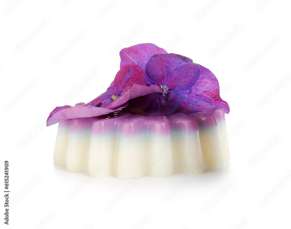 Panna cotta with beautiful hydrangea flowers on white background