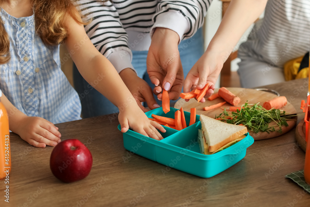 Mother packing school lunch for her little children in kitchen, closeup