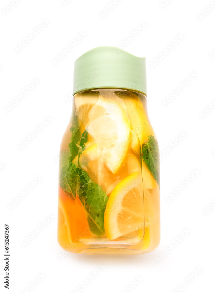 Sports bottle of infused water with lemon and mint on white background