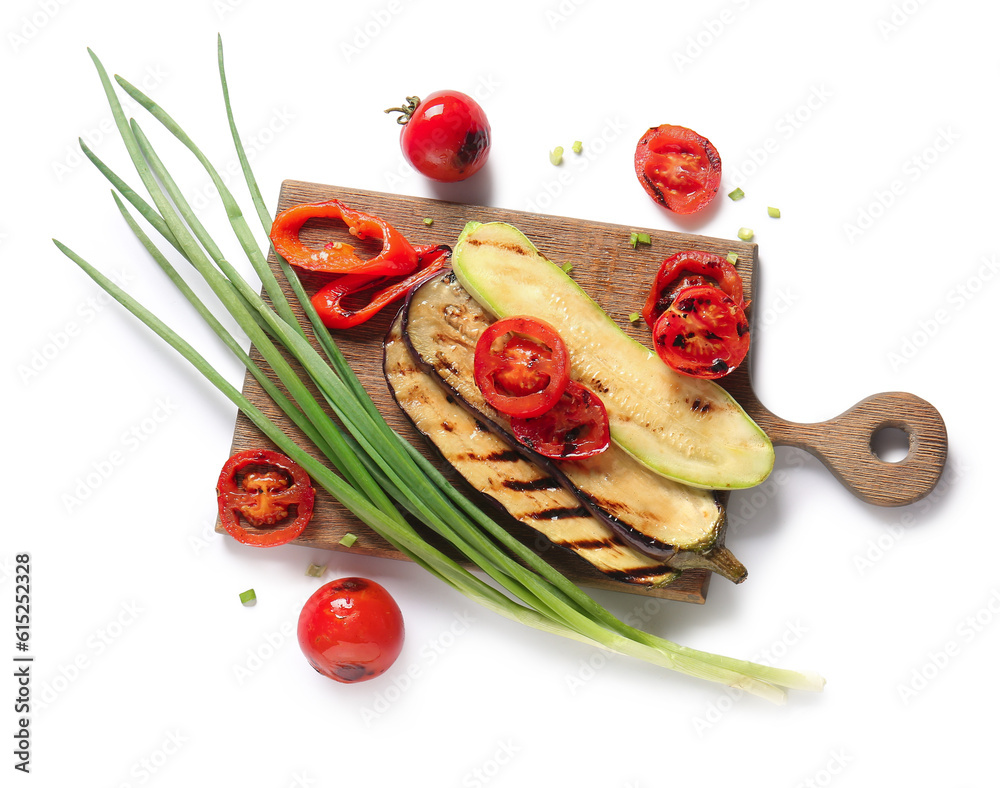 Wooden board with different tasty grilled vegetables on white background