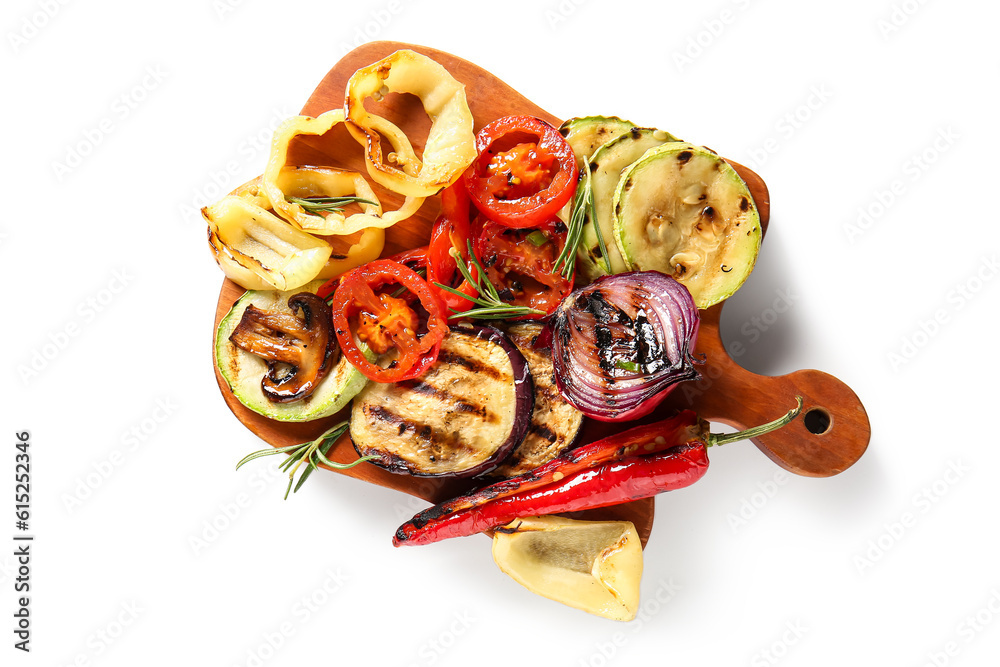 Wooden board with different tasty grilled vegetables on white background