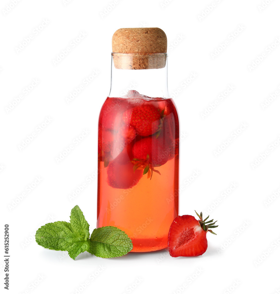 Bottle of infused water with strawberry and mint on white background