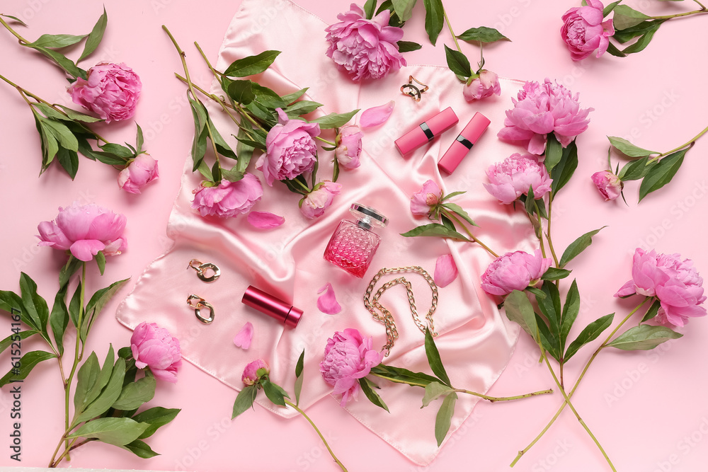 Composition with stylish female accessories, cosmetics and beautiful peony flowers on pink backgroun