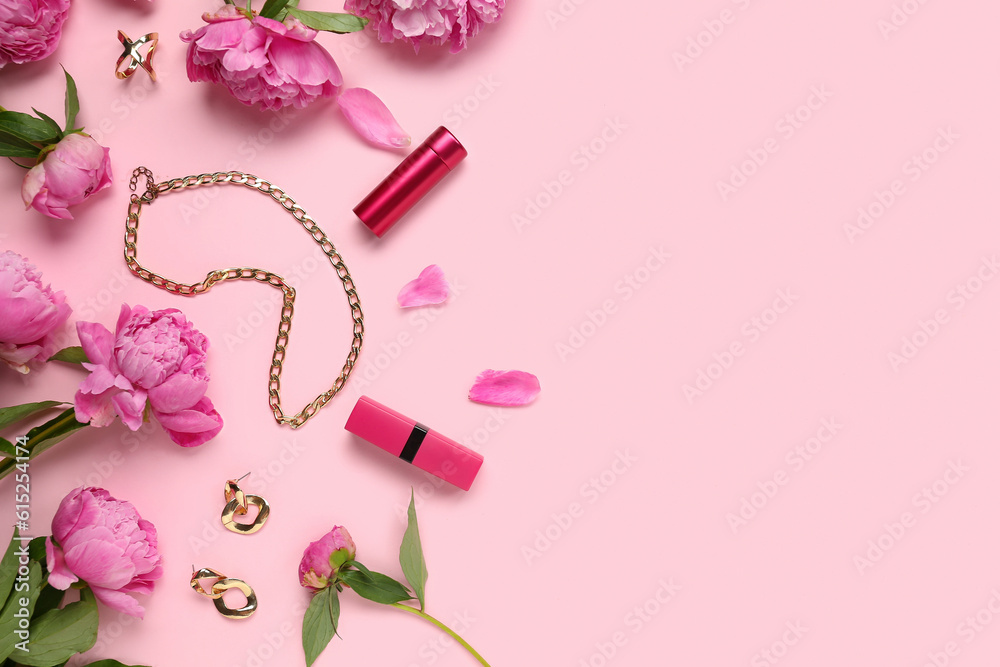 Composition with stylish female accessories, lipsticks and beautiful peony flowers on pink backgroun