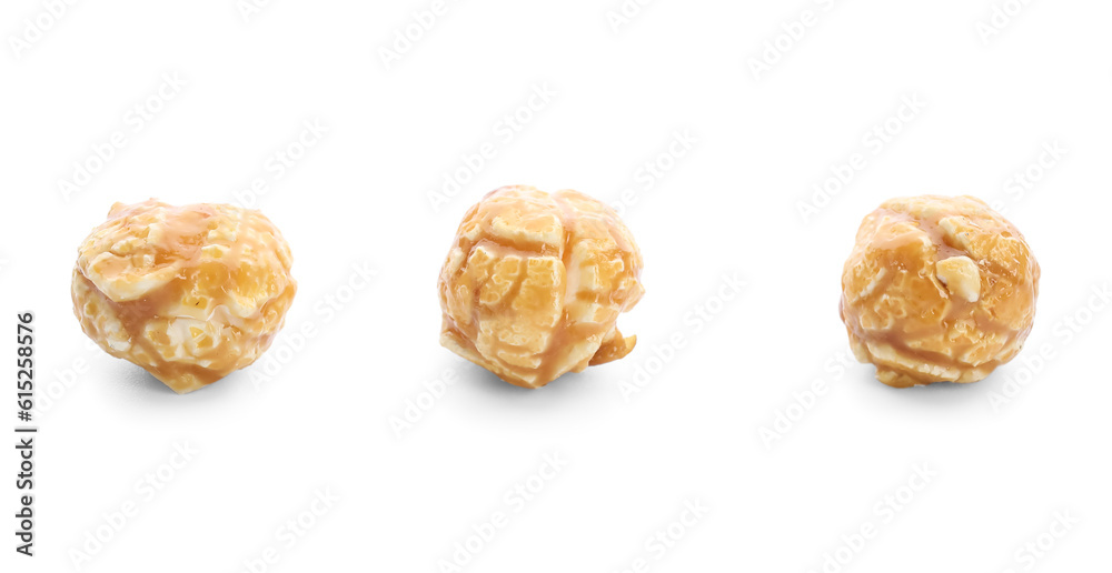 Tasty caramel popcorn isolated on white background