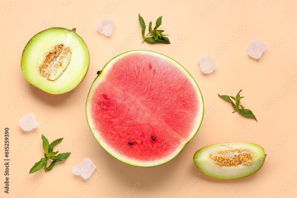 Half of fresh watermelon and melon on orange background