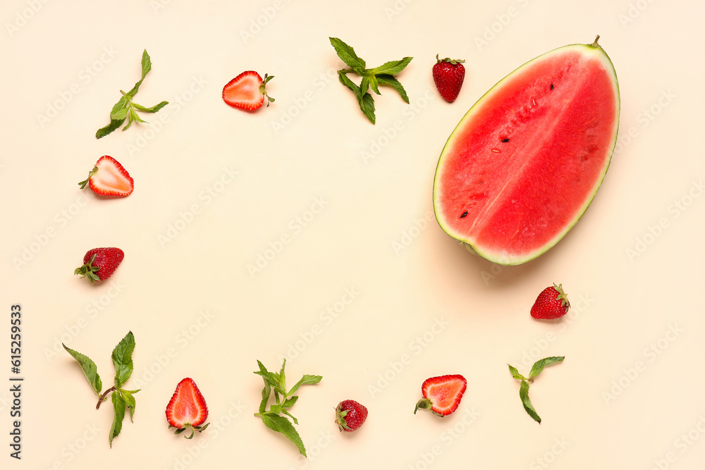 Frame made of piece of fresh watermelon and strawberries on orange background