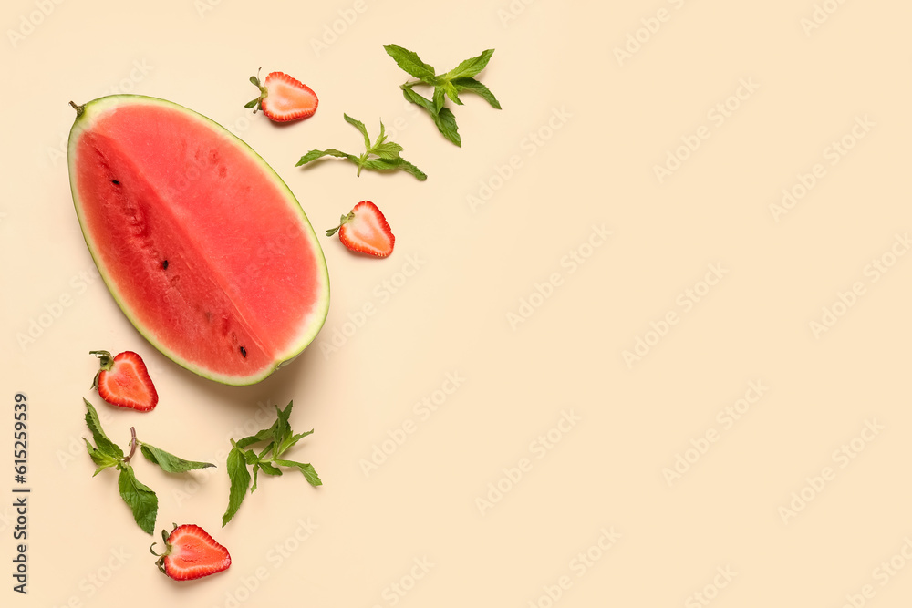 Piece of fresh watermelon and strawberries on orange background