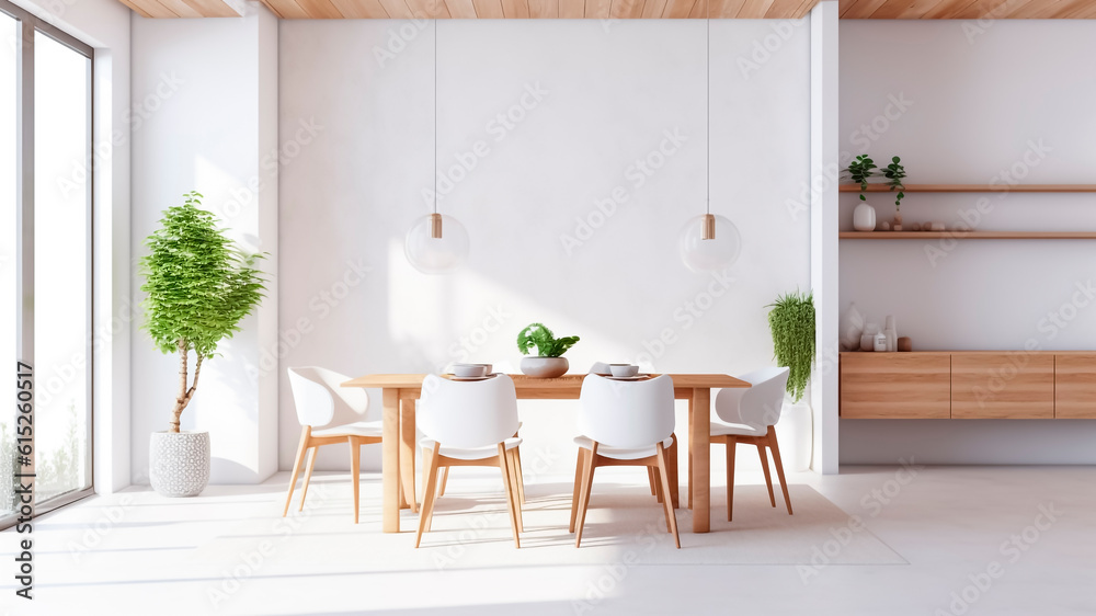 Interior of modern dining room with white walls, wooden table with white chairs. Generative AI.