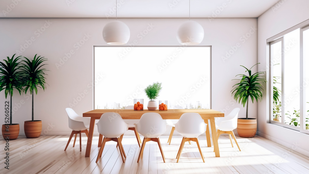 Interior of modern dining room with white walls, wooden floor, long wooden table with white chairs. 