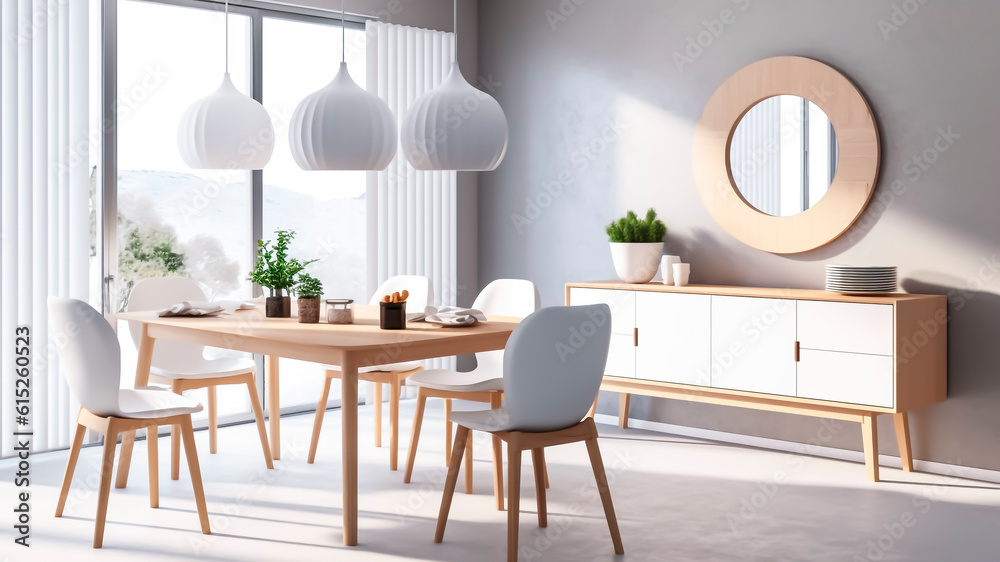 A modern dining room with white walls, long wooden table with white chairs and round mirror. Generat