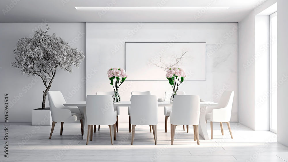 Interior of modern dining room with long white table with white chairs and vase with flowers. Genera