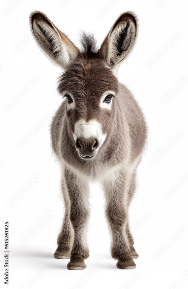 Cute little donkey generative AI illustration isolated on white background. Lovely baby animals conc