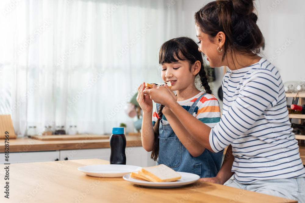 Caucasian happy family, parent spend time with kid together at home. 