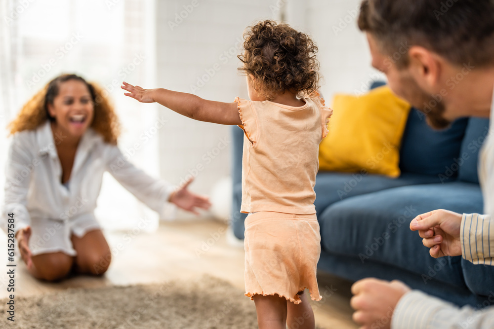 Caucasian family spending leisure free time together indoors in house. 