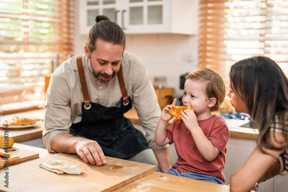 Caucasian family spending leisure free time together indoors in house. 