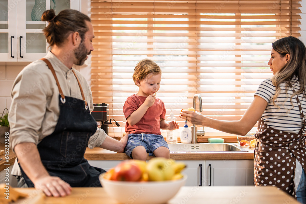 Caucasian family spending leisure free time together indoors in house.