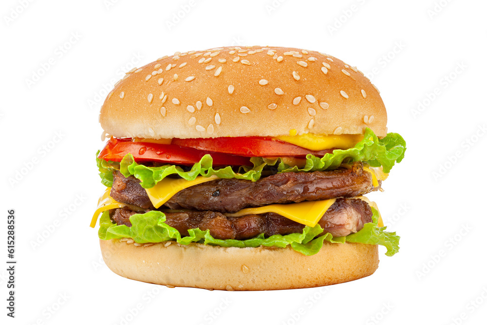 Classic beef cheese burger isolated on white background.