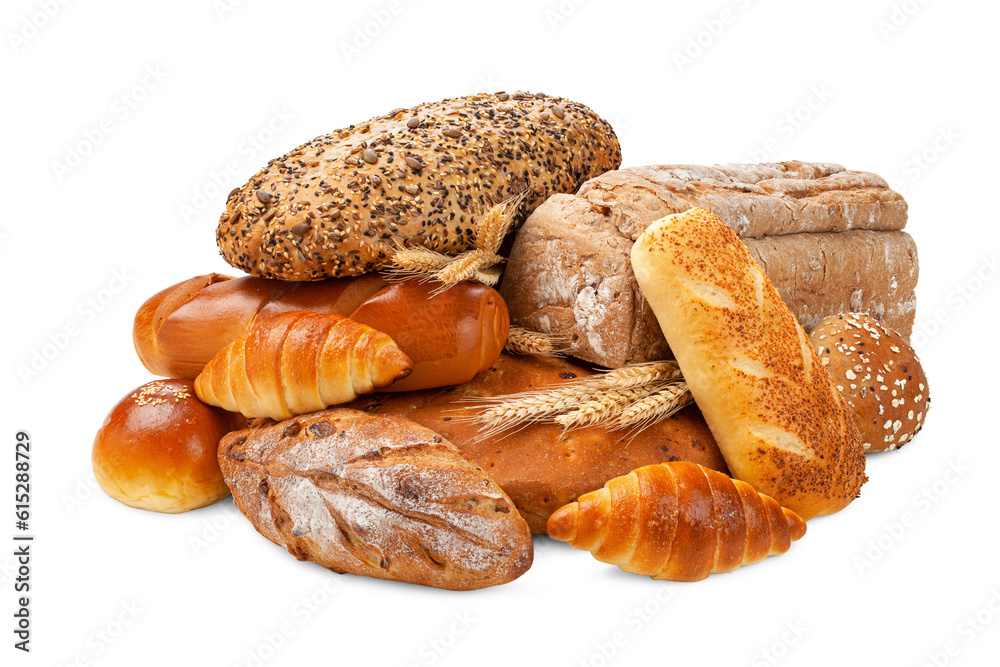 various kinds of breads isolated on white background.