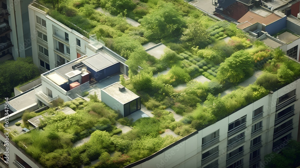 Concept of Green Roof Oases. Urban rooftops as vibrant, green spaces that contribute to biodiversity