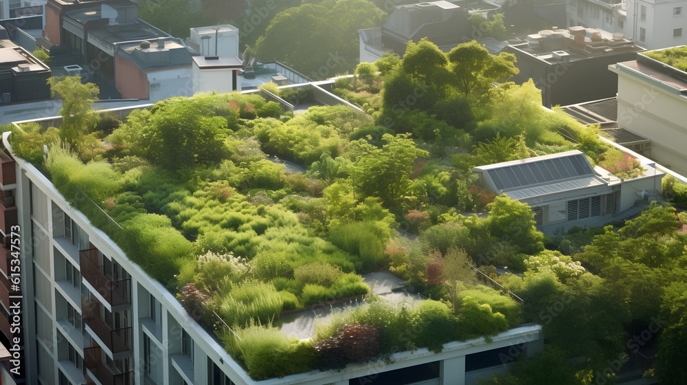 Concept of Green Roof Oases. Urban rooftops as vibrant, green spaces that contribute to biodiversity