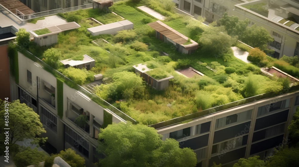 Concept of Green Roof Oases. Urban rooftops as vibrant, green spaces that contribute to biodiversity