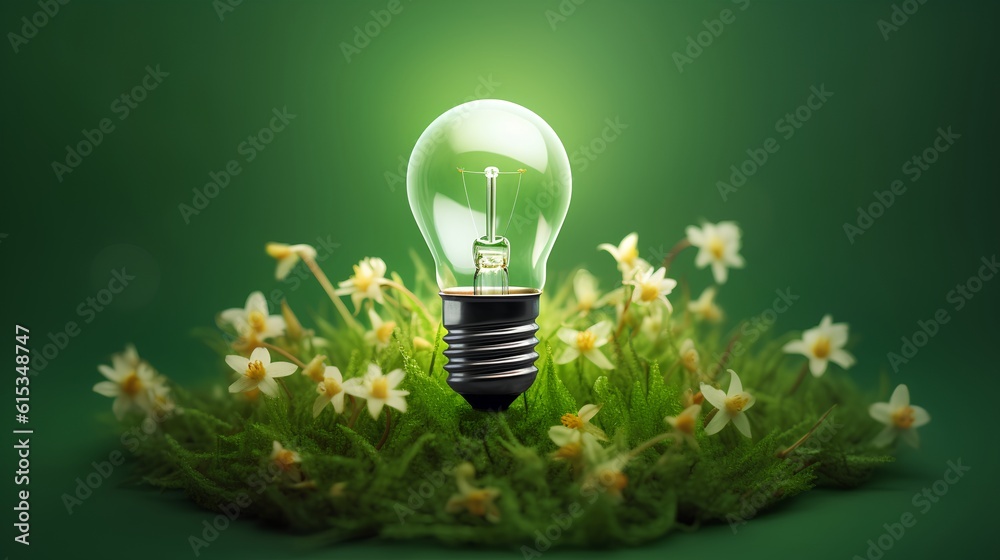 Green energy concept. Light bulb, universal symbol of ideas and innovation, surrounded by green gras