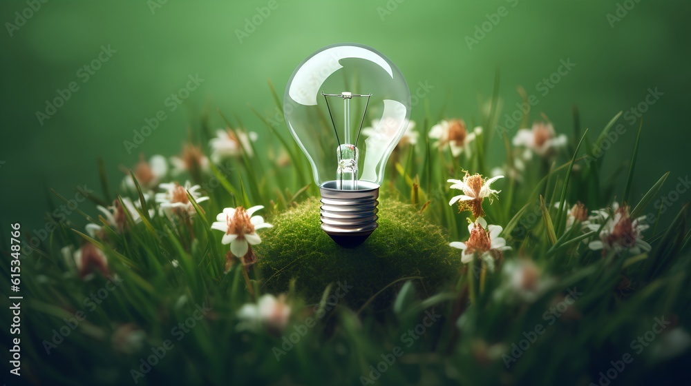 Green energy concept. Light bulb, universal symbol of ideas and innovation, surrounded by green gras