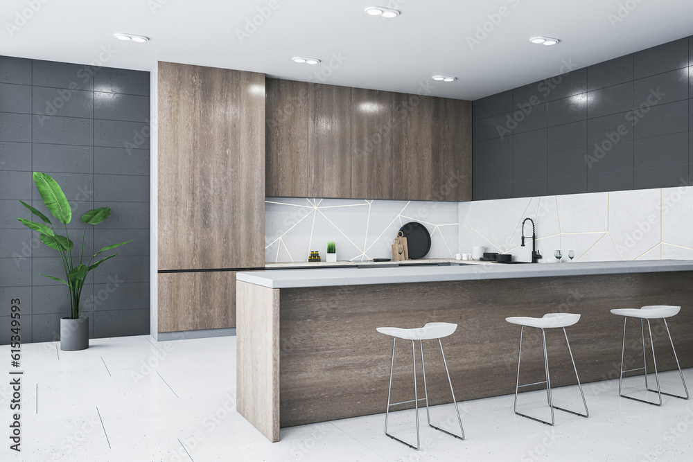 Modern kitchen interior design with wooden and dark grey walls, tiles floor and green plant. 3D Rend