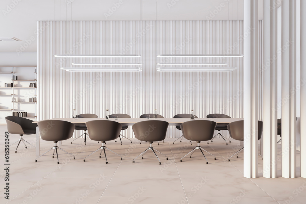 Contemporary empty concrete and tile meeting room interior with furniture and other objects. 3D Rend