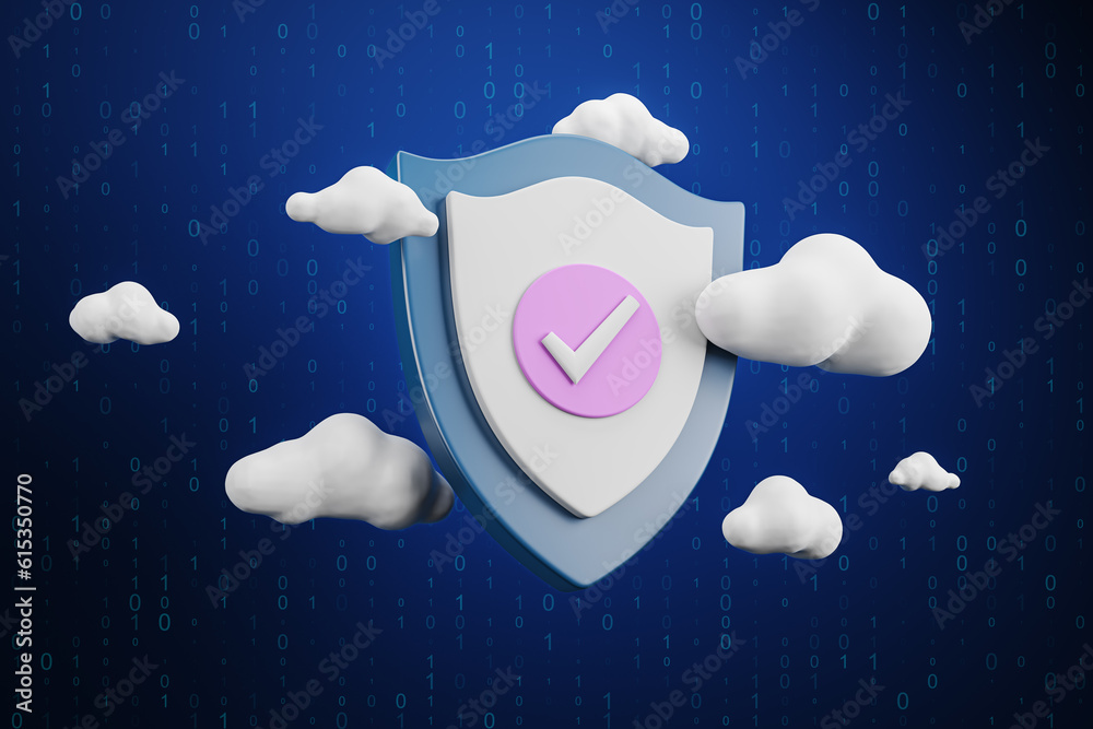 Digital shield with clouds on dark blue backdrop. Secure online payment and data guard concept. 3D R