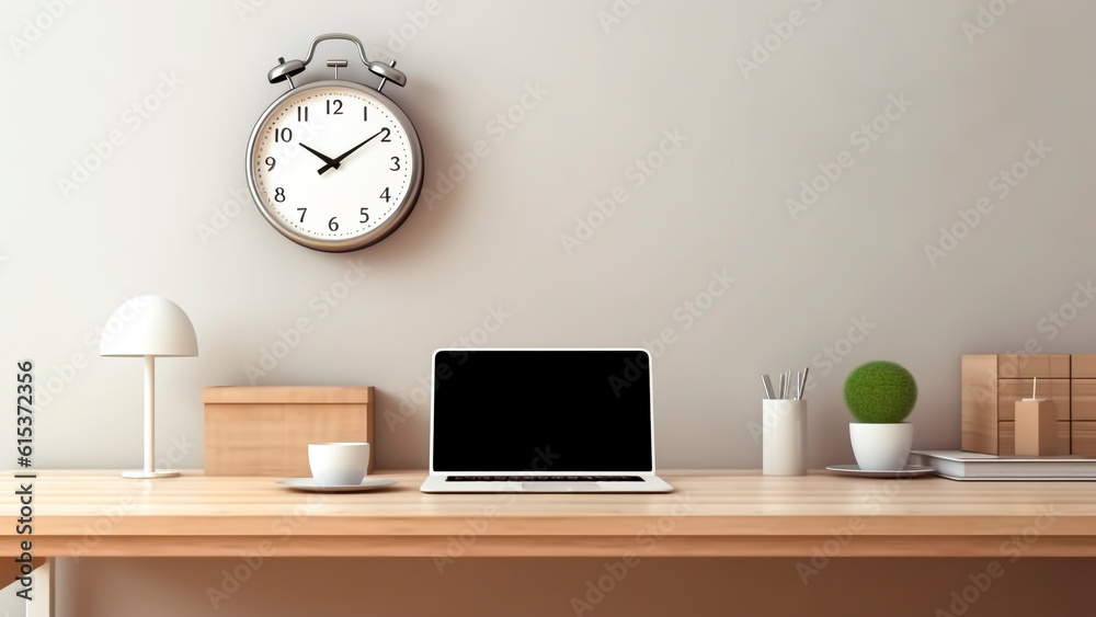 Modern workspace with laptop and coffee cup on wooden table. Generative AI.