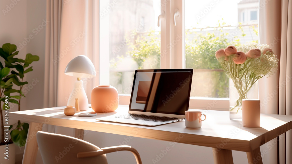 Laptop, coffee cup and table lamp on table in home office Generative AI.