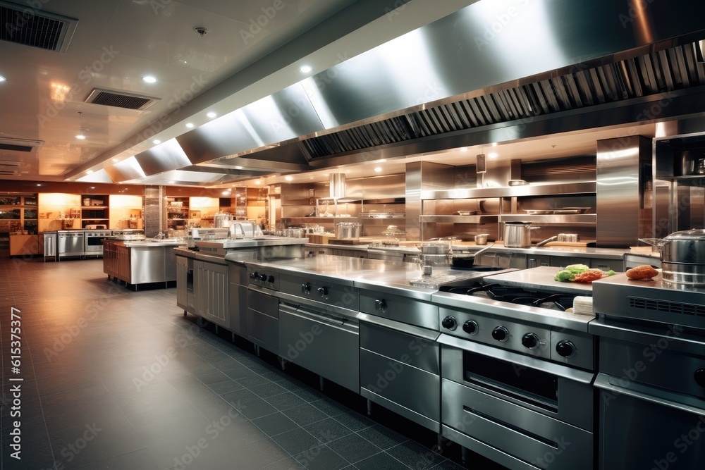 Large cooking kitchen in a modern hotel.