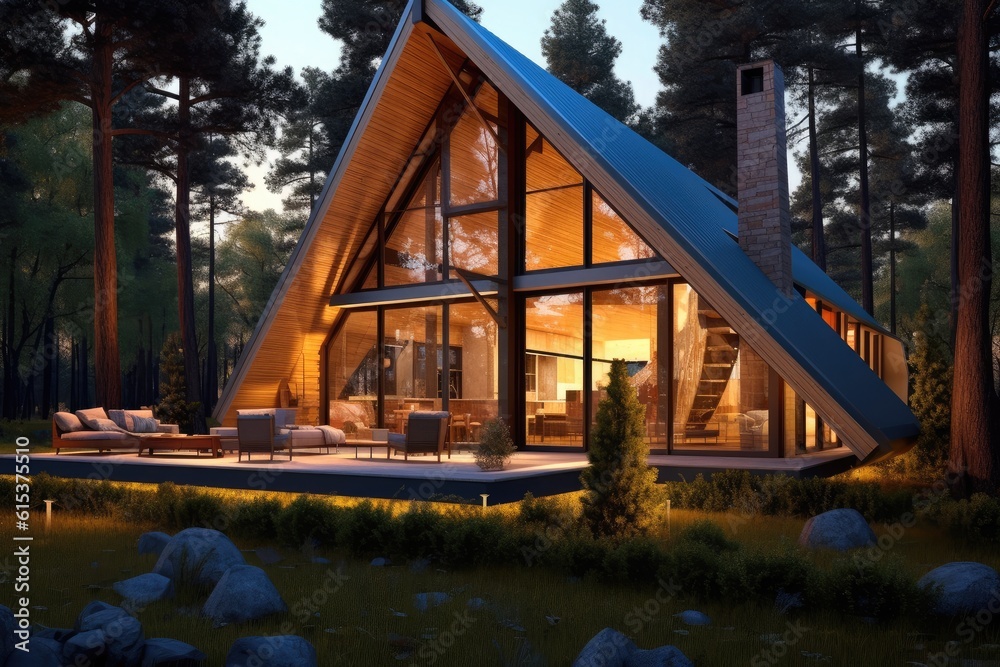 Beautiful modern wooden cottage villa by a lake surrounded by trees in the mountains, Minimal style.